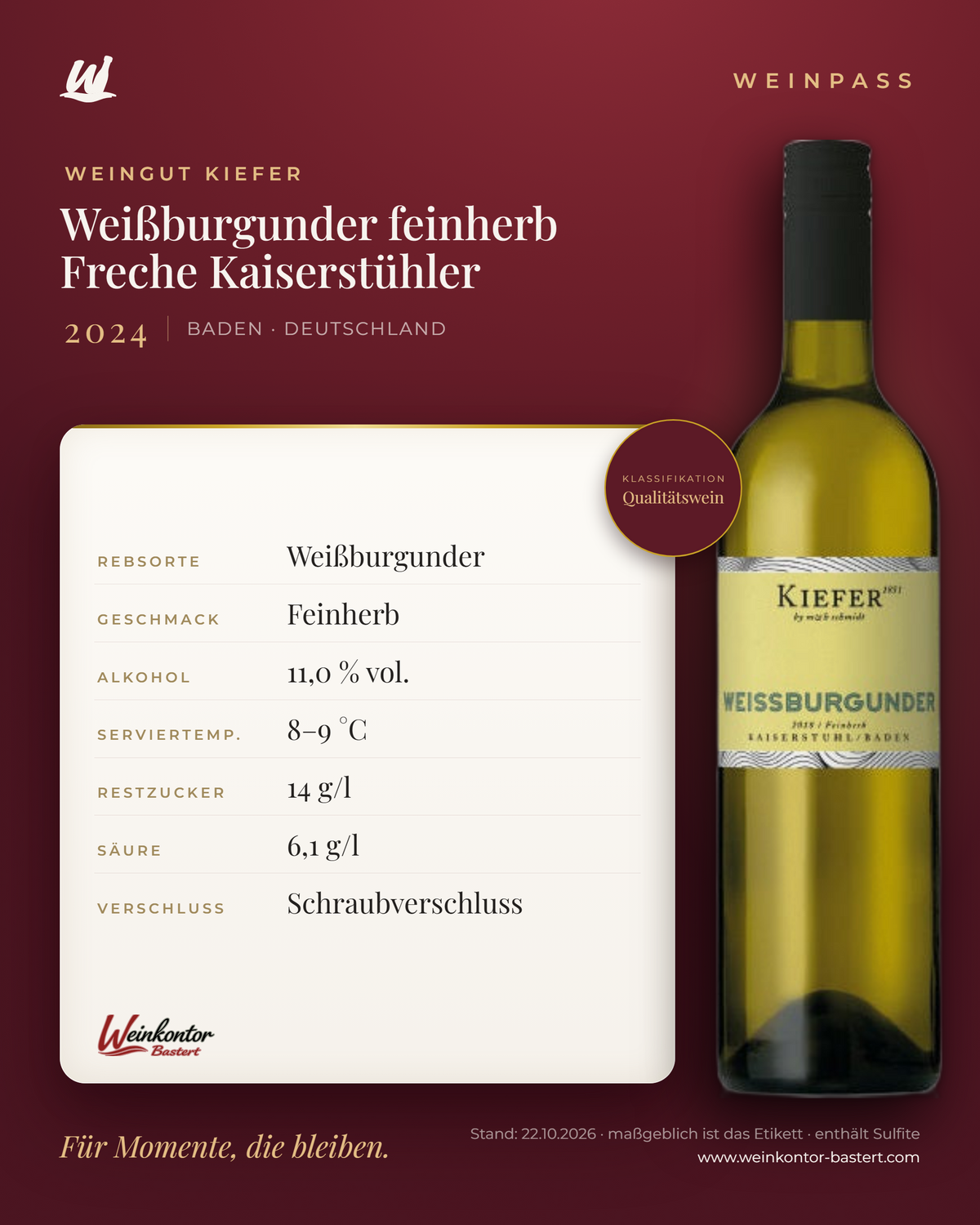 KIEFER Weißburgunder feinherb Freche Kaiserstühler – Baden – Weinpass | Weinkontor Bastert