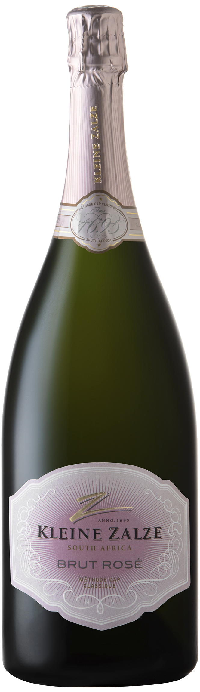 1,5L Flasche Kleine Zalze Brut Rosé MCC Sekt in zartem Silberrosa.