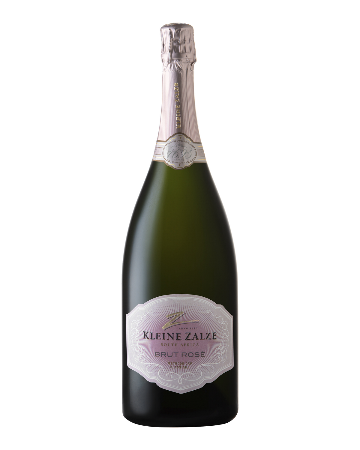 1,5L Flasche Kleine Zalze Brut Rosé MCC in zartem Silberrosa.