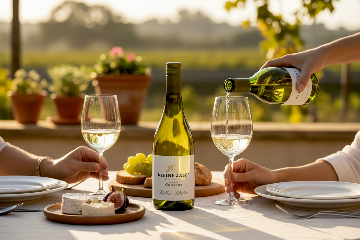 Kleine Zalze Cellar Selection Chardonnay Unwooded wird auf einer Terrasse mit Käse und Trauben eingeschenkt