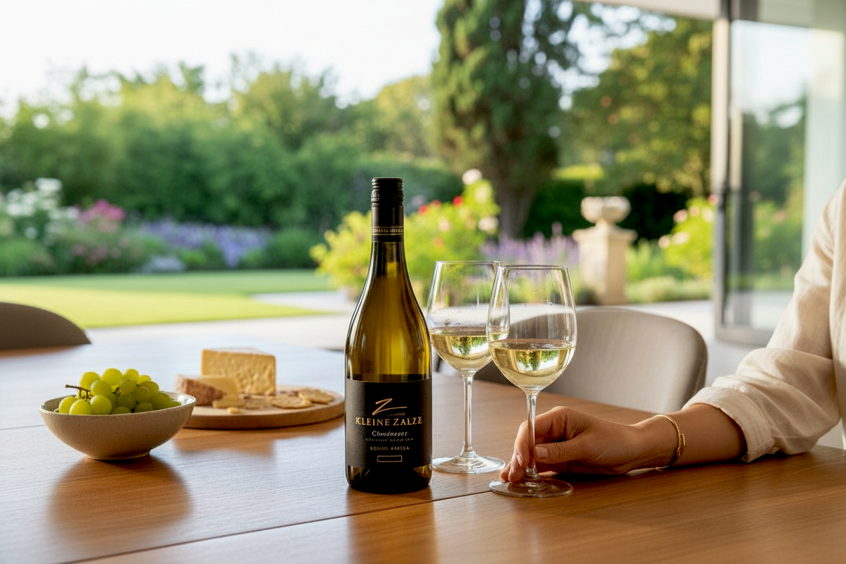 Flasche Kleine Zalze Vineyard Selection Chardonnay mit zwei Gläsern und Trauben auf einem Tisch mit Blick in den Garten