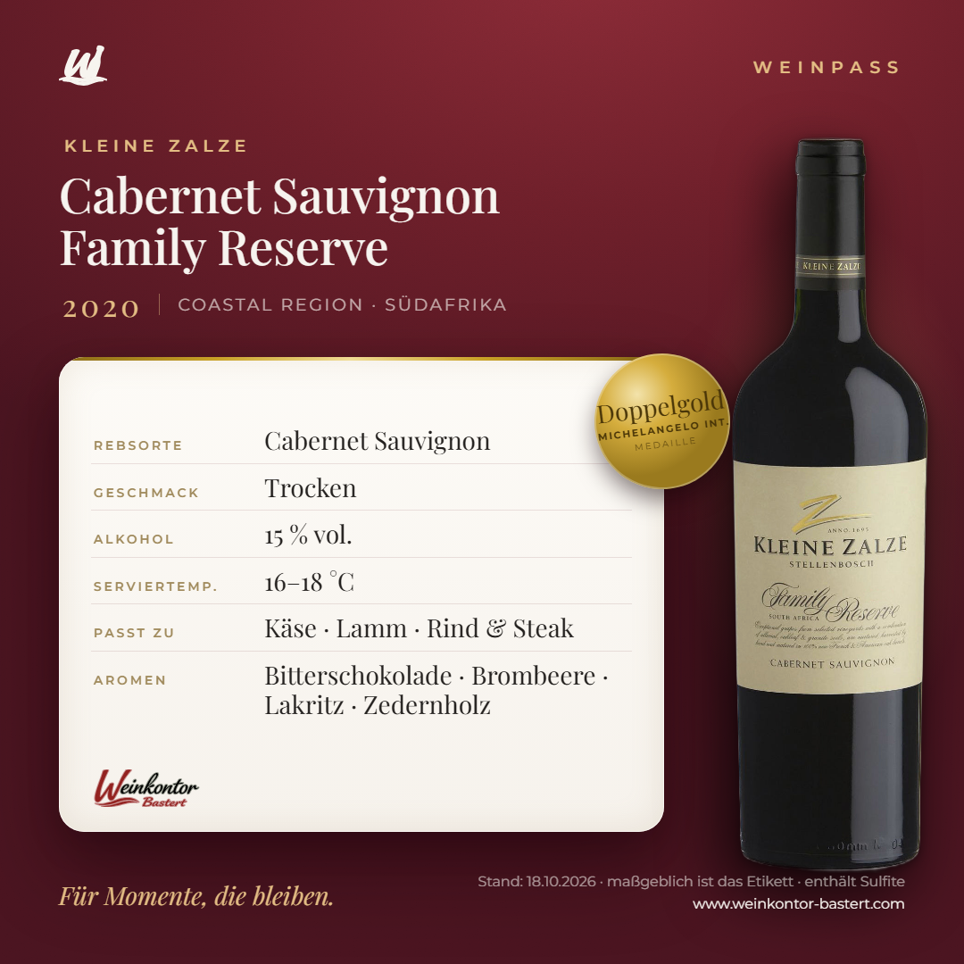 Cabernet Sauvignon Family Reserve Kleine Zalze – Coastal Region – Weinpass | Weinkontor Bastert