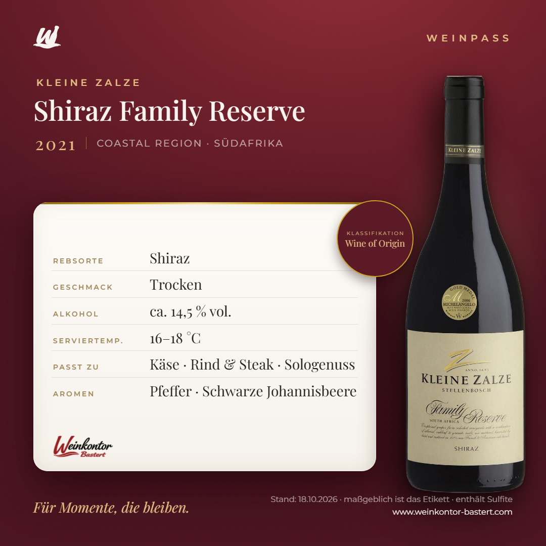 Shiraz Family Reserve Kleine Zalze – Coastal Region – Weinpass | Weinkontor Bastert
