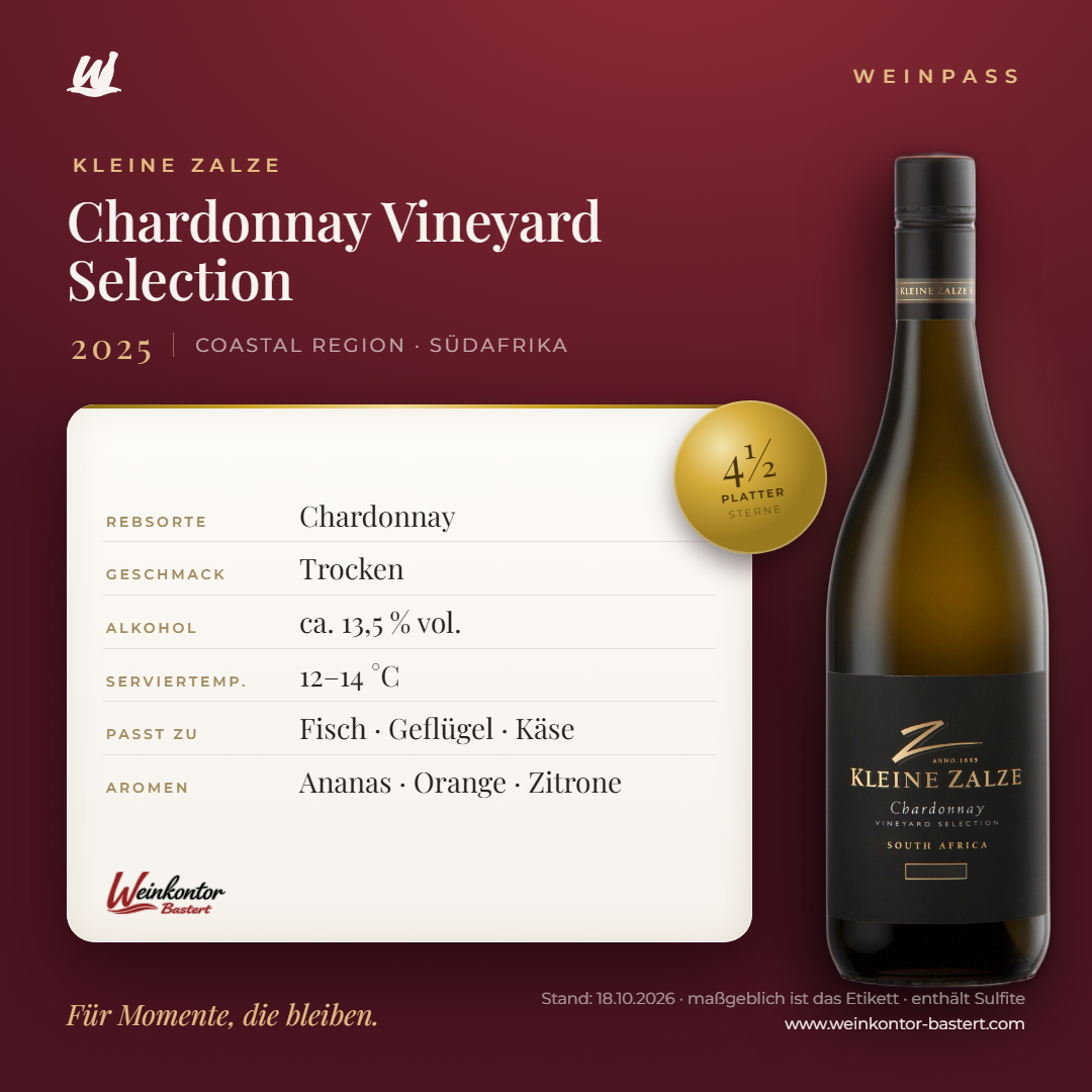 Chardonnay Vineyard Selection Kleine Zalze – Coastal Region – Weinpass | Weinkontor Bastert