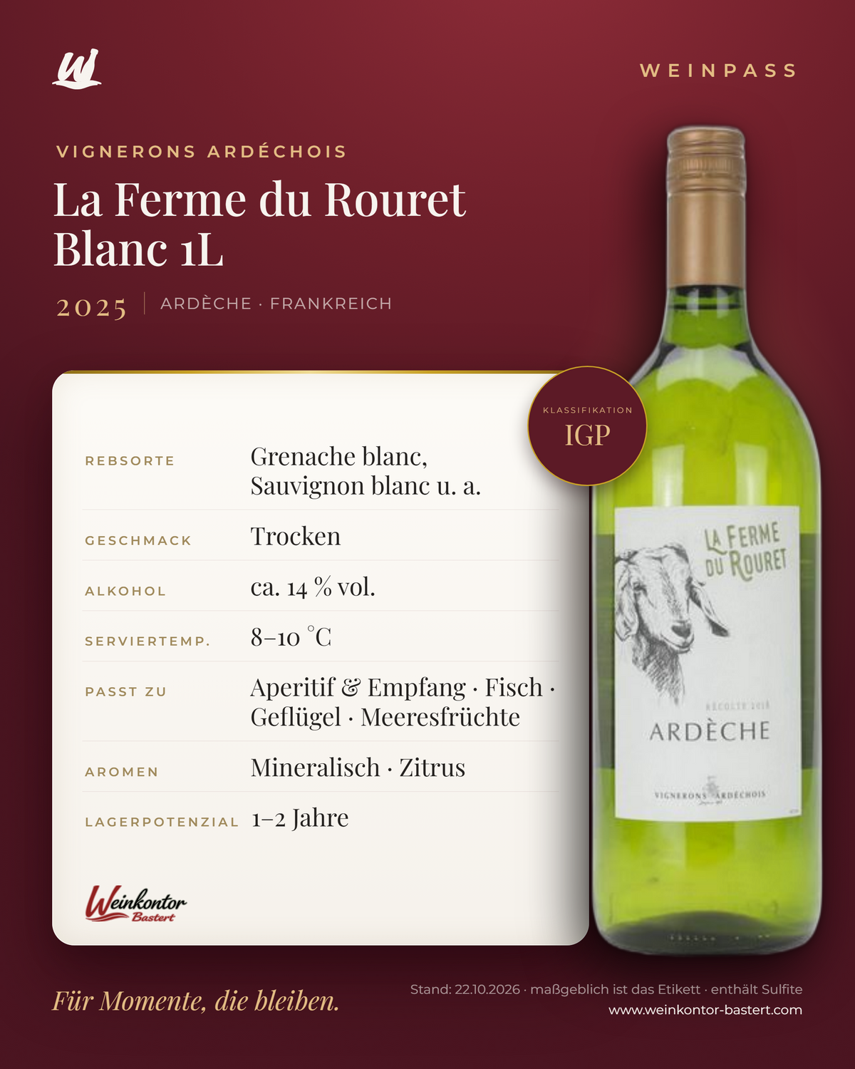 La Ferme du Rouret Blanc Vignerons Ardéchois IGP 1L – Ardèche – Weinpass | Weinkontor Bastert