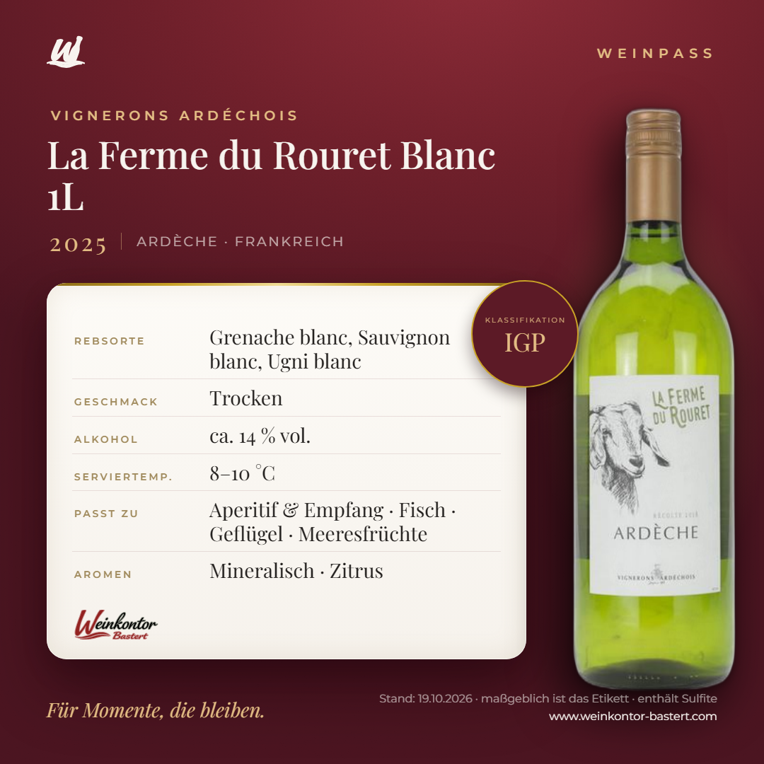 La Ferme du Rouret Blanc Vignerons Ardéchois IGP 1L – Ardèche – Weinpass | Weinkontor Bastert