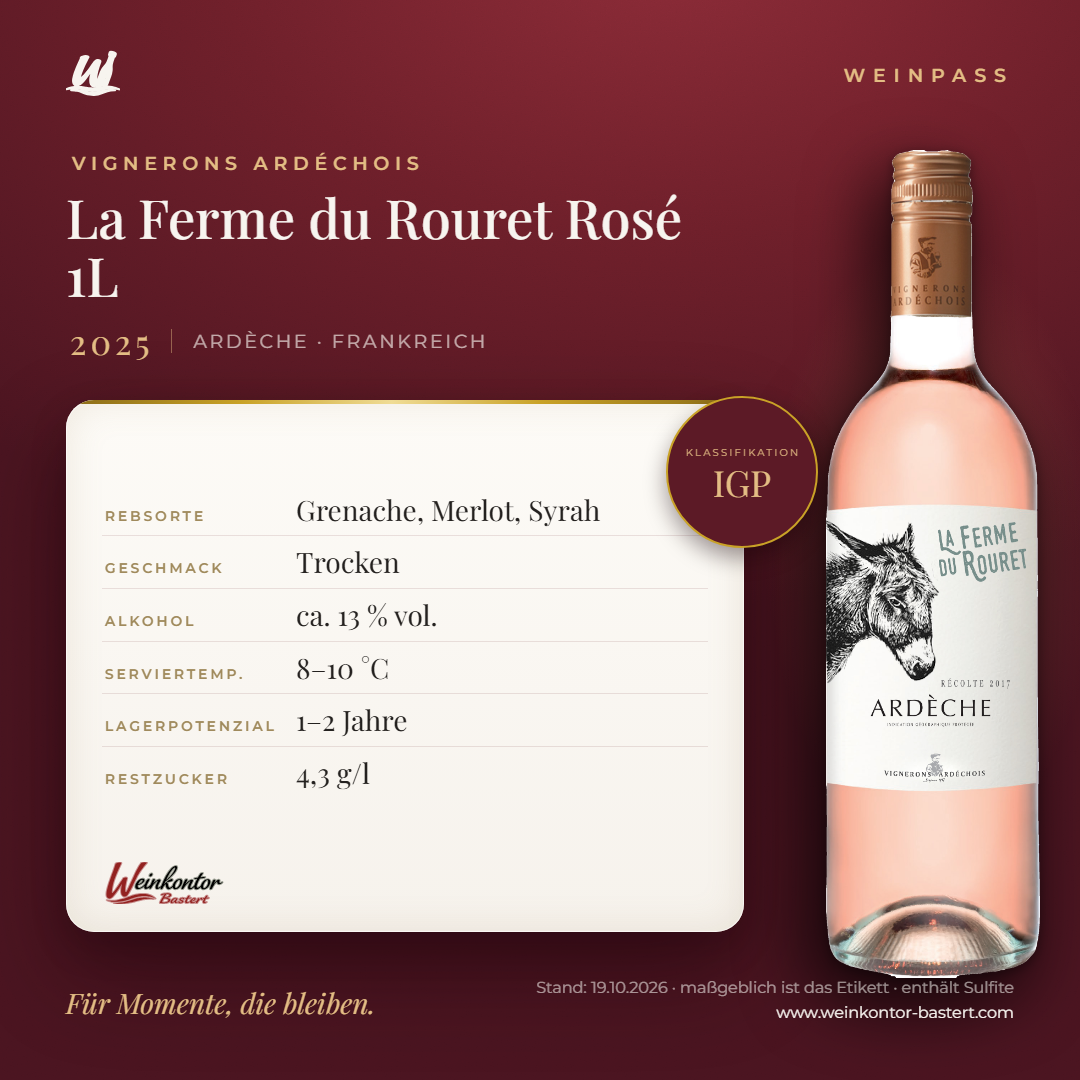 La Ferme du Rouret Rosé Vignerons Ardéchois IGP 1L – Ardèche – Weinpass | Weinkontor Bastert