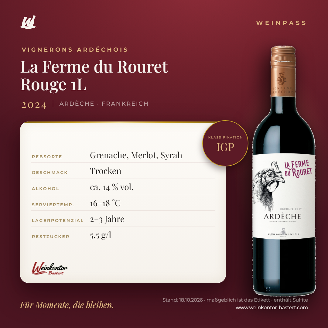 La Ferme du Rouret Rouge Vignerons Ardéchois IGP 1L – Ardèche – Weinpass | Weinkontor Bastert