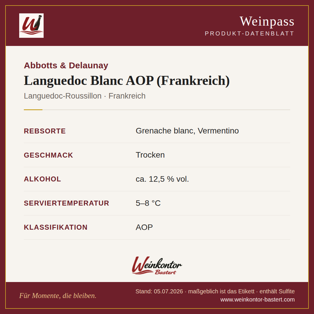Languedoc Blanc AOP Abbotts & Delaunay – Weißwein – Languedoc, Frankreich – Steckbrief | Weinkontor Bastert