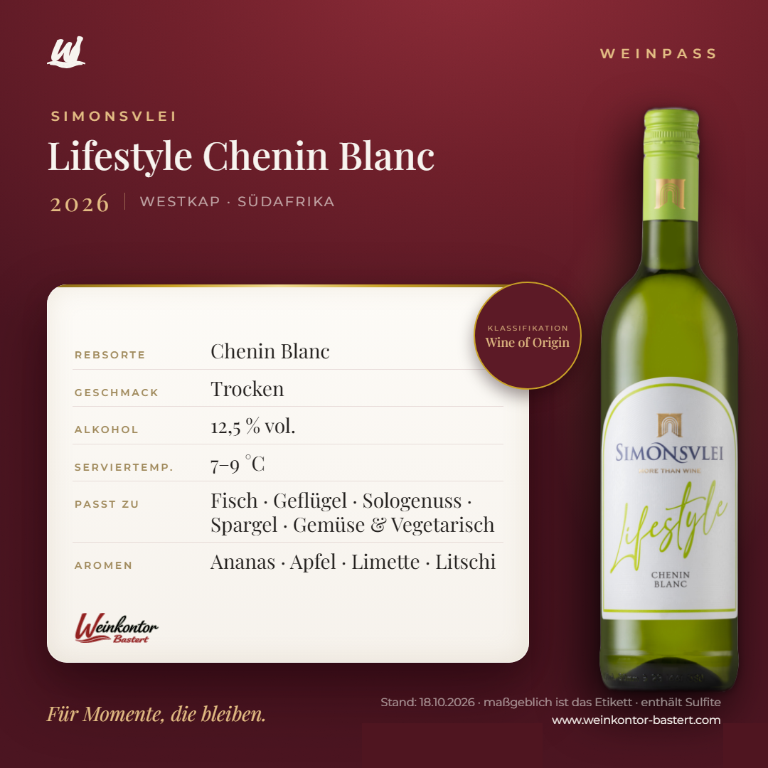 Lifestyle Chenin Blanc Simonsvlei – Westkap – Weinpass | Weinkontor Bastert