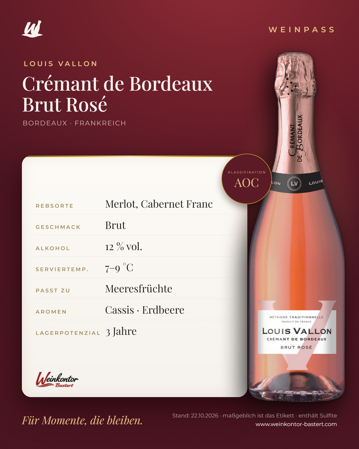 Louis Vallon Crémant de Bordeaux Brut Rosé AOC – Weinpass | Weinkontor Bastert