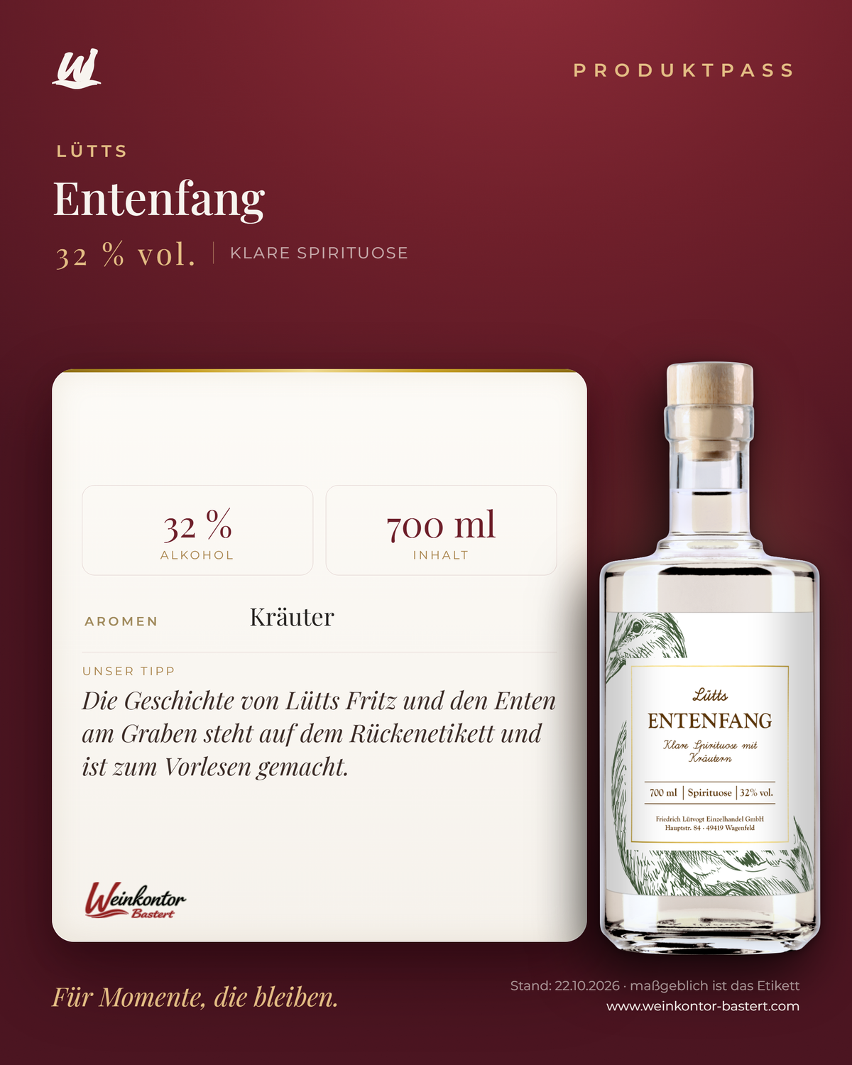 Lütts Entenfang – Klare Spirituose mit Kräutern, 32 % vol. – Produktpass | Weinkontor Bastert