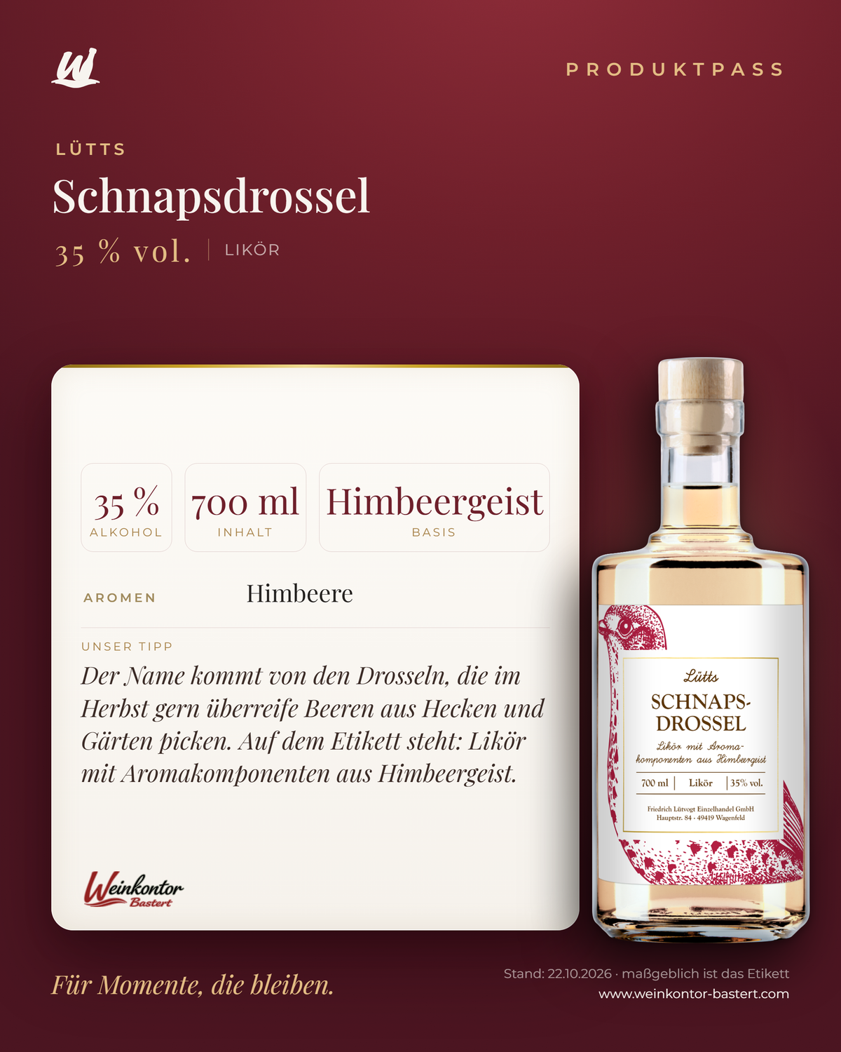 Lütts Schnapsdrossel – Likör mit Aromakomponenten aus Himbeergeist, 35 % vol. – Produktpass | Weinkontor Bastert