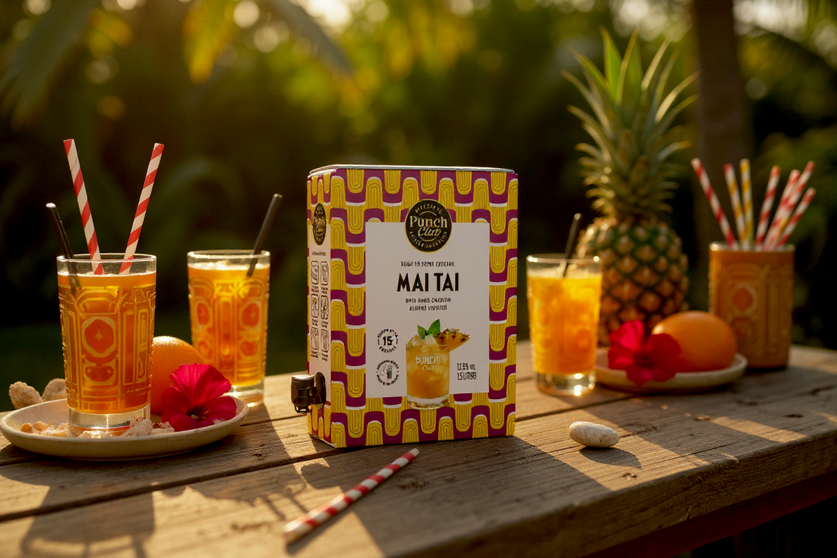 Punch Club Mai Tai 1,5-L-Box mit Gläsern, Ananas und Strohhalmen auf einem Tisch im Garten