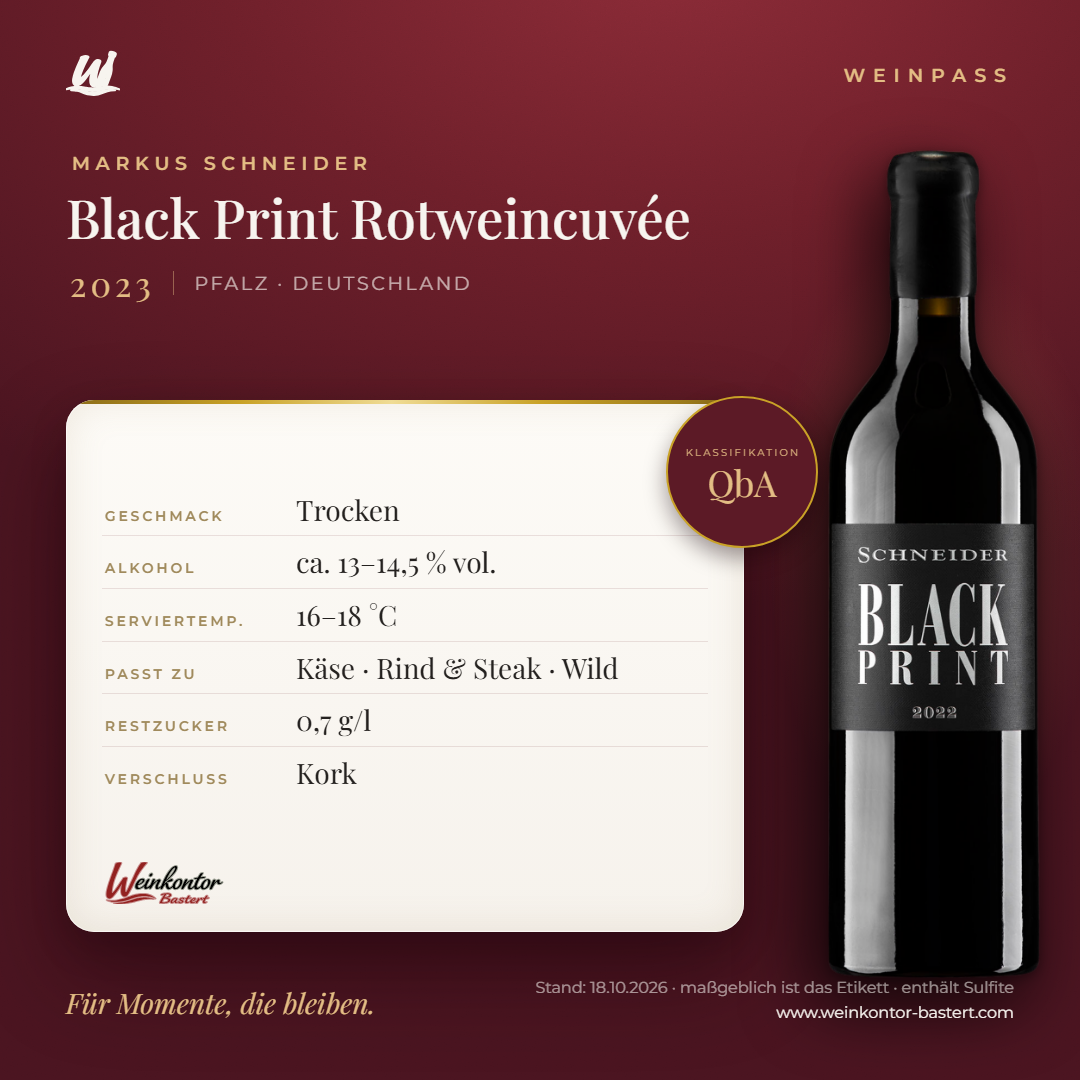 Black Print Rotweincuvée Markus Schneider QbA – Pfalz – Weinpass | Weinkontor Bastert