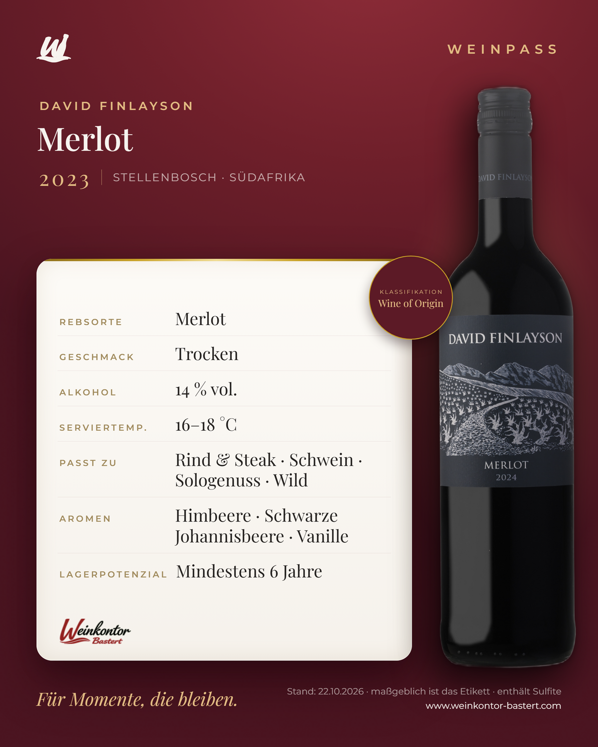 Merlot David Finlayson – Stellenbosch – Weinpass | Weinkontor Bastert