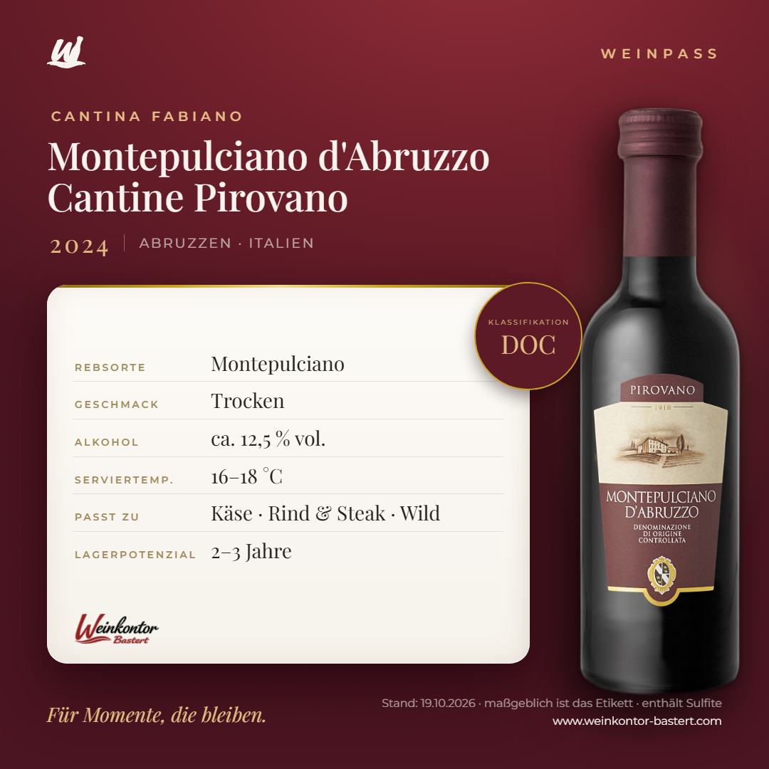 Montepulciano d'Abruzzo DOC Cantine Pirovano 0,25L – Abruzzen – Weinpass | Weinkontor Bastert