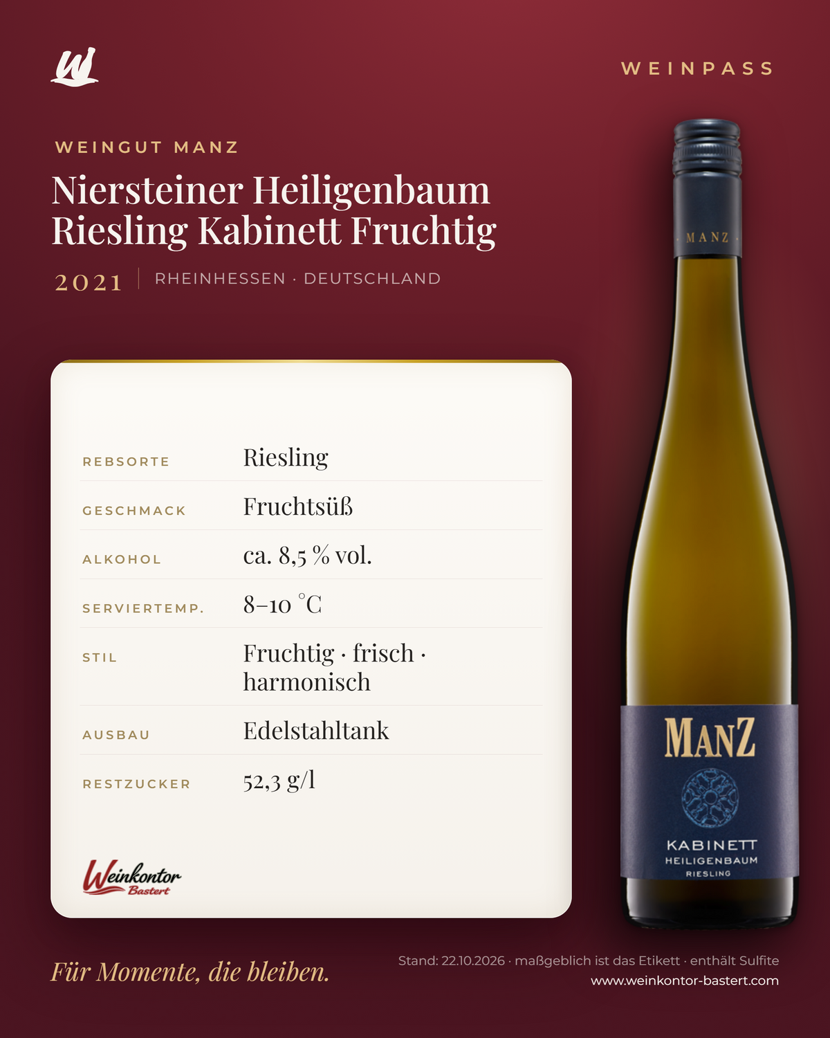 Niersteiner Heiligenbaum Riesling Kabinett Fruchtig Manz 6er-Karton – Rheinhessen – Weinpass | Weinkontor Bastert