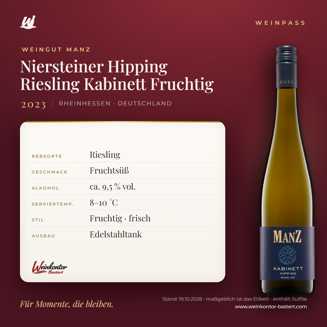 Niersteiner Hipping Riesling Kabinett Fruchtig Manz 6er-Karton – Rheinhessen – Weinpass | Weinkontor Bastert