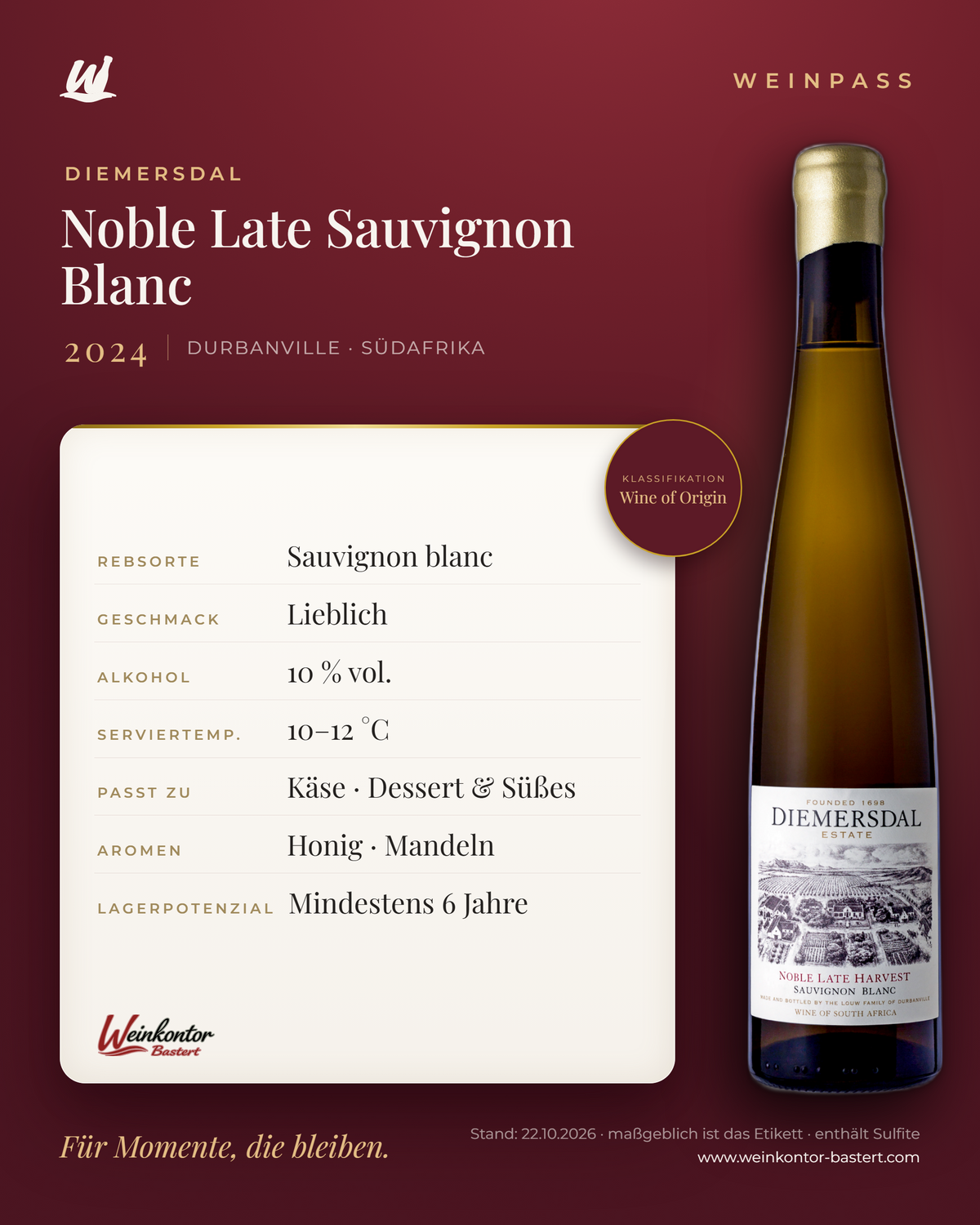 Noble Late Sauvignon Blanc Diemersdal 0,375L – Durbanville – Weinpass | Weinkontor Bastert