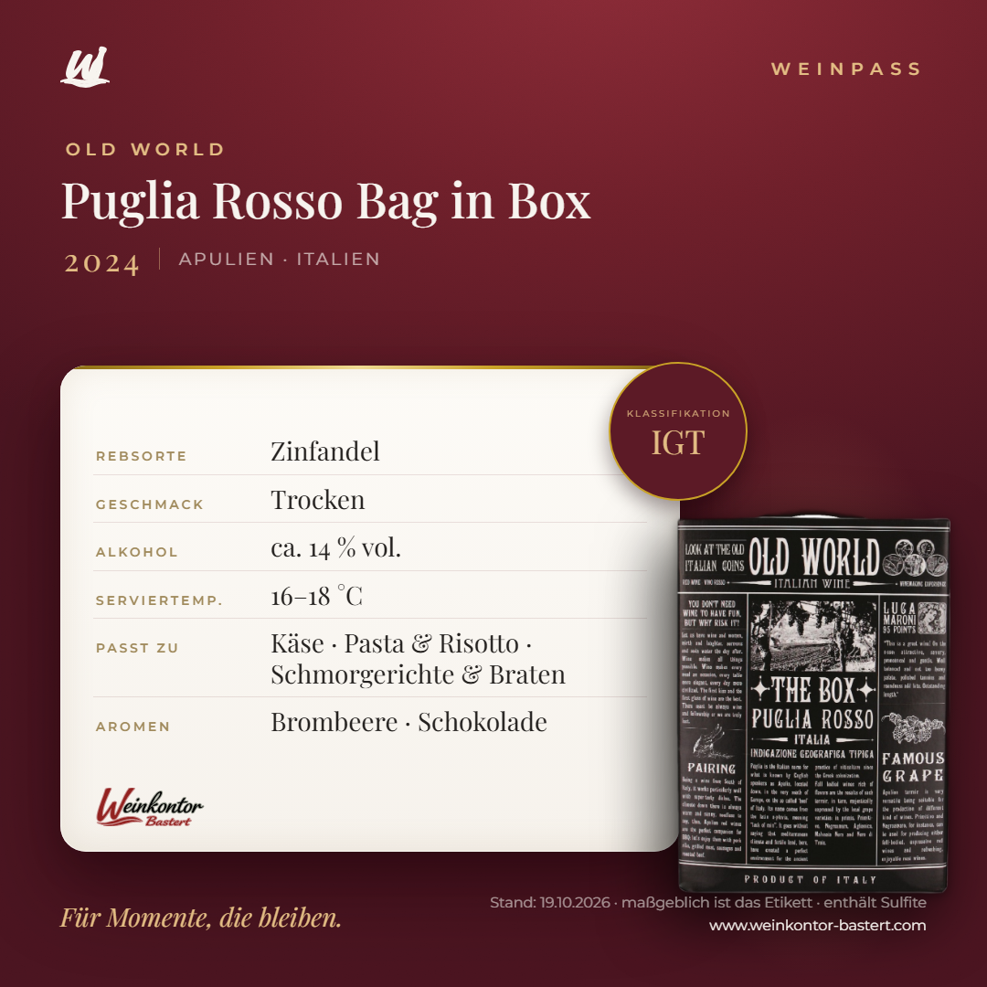 Old World Puglia Rosso Bag in Box IGT 3,0 L – Apulien – Weinpass | Weinkontor Bastert