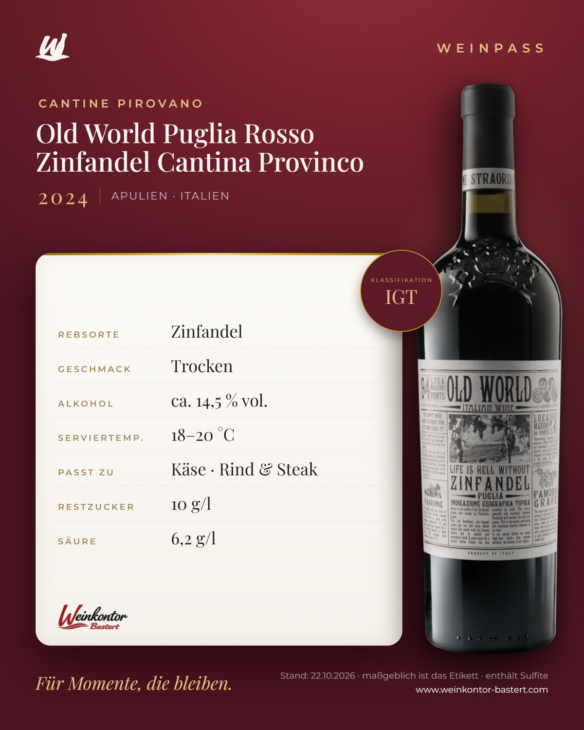 Old World Puglia Rosso Zinfandel Cantina Provinco IGT – Apulien – Weinpass | Weinkontor Bastert