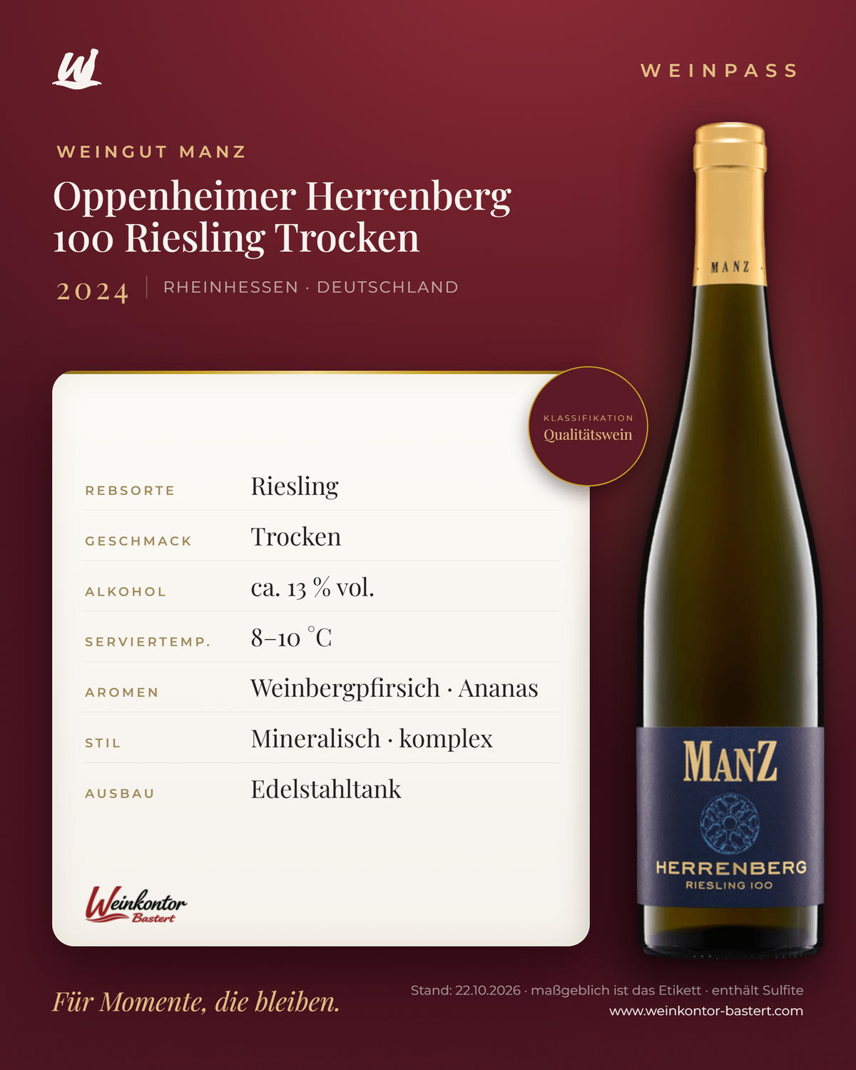 Oppenheimer Herrenberg 100 Riesling Trocken Manz 6er-Karton – Rheinhessen – Weinpass | Weinkontor Bastert