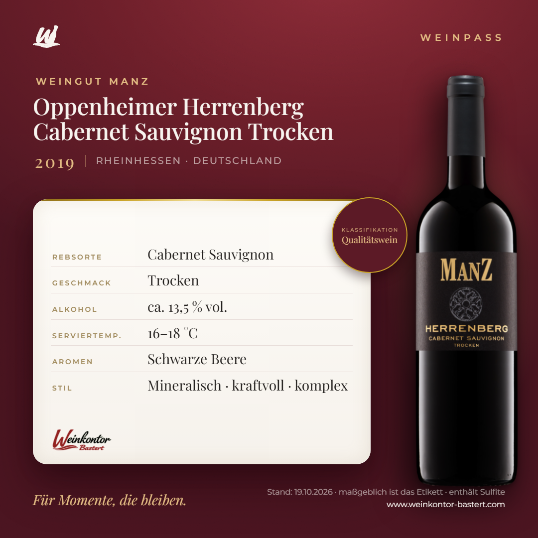 Oppenheimer Herrenberg Cabernet Sauvignon Trocken Manz 6er-Karton – Rheinhessen – Weinpass | Weinkontor Bastert