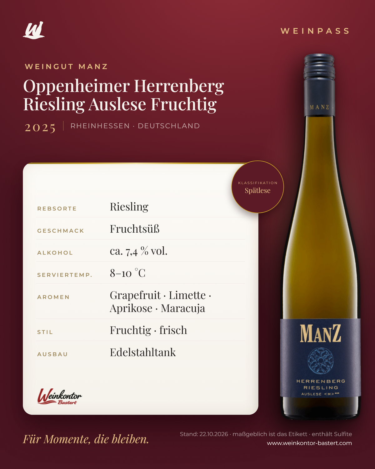 Oppenheimer Herrenberg Riesling Auslese Fruchtig Manz 6er-Karton – Rheinhessen – Weinpass | Weinkontor Bastert