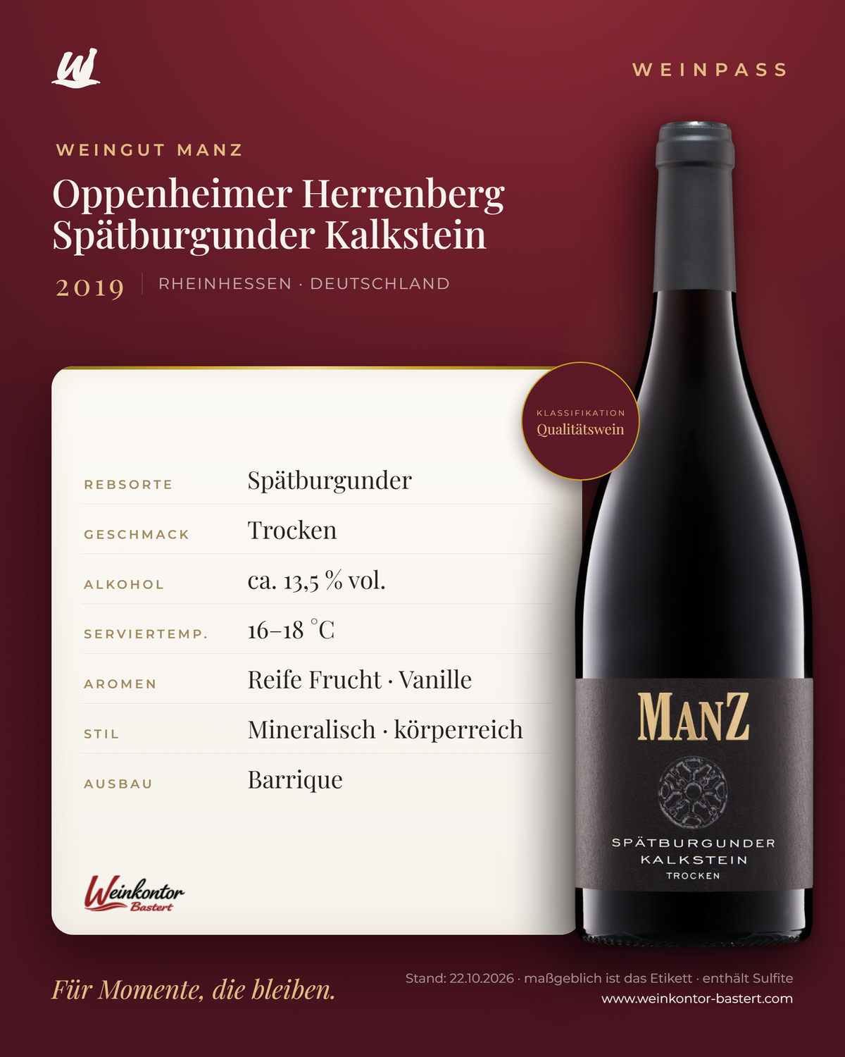 Oppenheimer Herrenberg Spätburgunder Kalkstein Trocken Manz 6er-Karton – Rheinhessen – Weinpass | Weinkontor Bastert