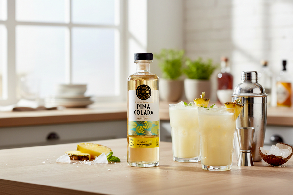 Flasche Punch Club Piña Colada mit zwei eingeschenkten Gläsern, Shaker und Kokosnuss in einer hellen Küche