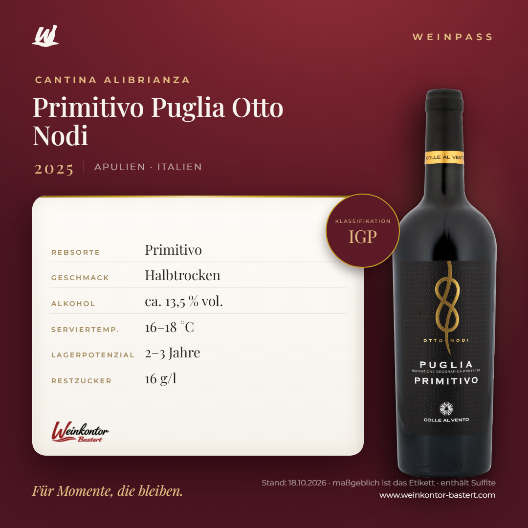 Primitivo Puglia Otto Nodi Cantina Alibrianza IGP – Apulien – Weinpass | Weinkontor Bastert