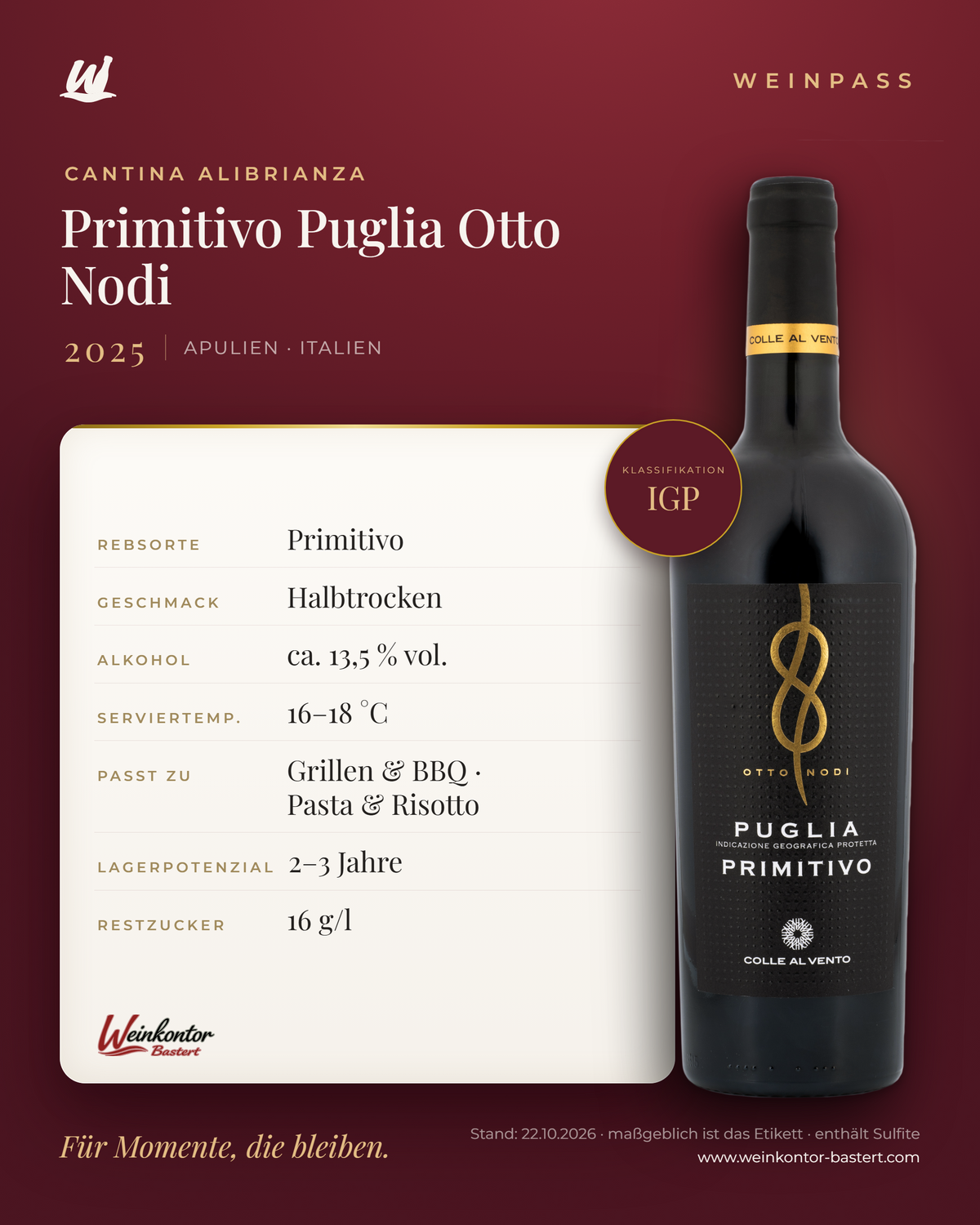 Primitivo Puglia Otto Nodi Cantina Alibrianza IGP – Apulien – Weinpass | Weinkontor Bastert