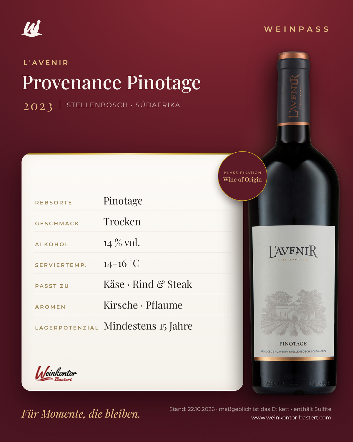 Provenance Pinotage L'Avenir – Stellenbosch – Weinpass | Weinkontor Bastert
