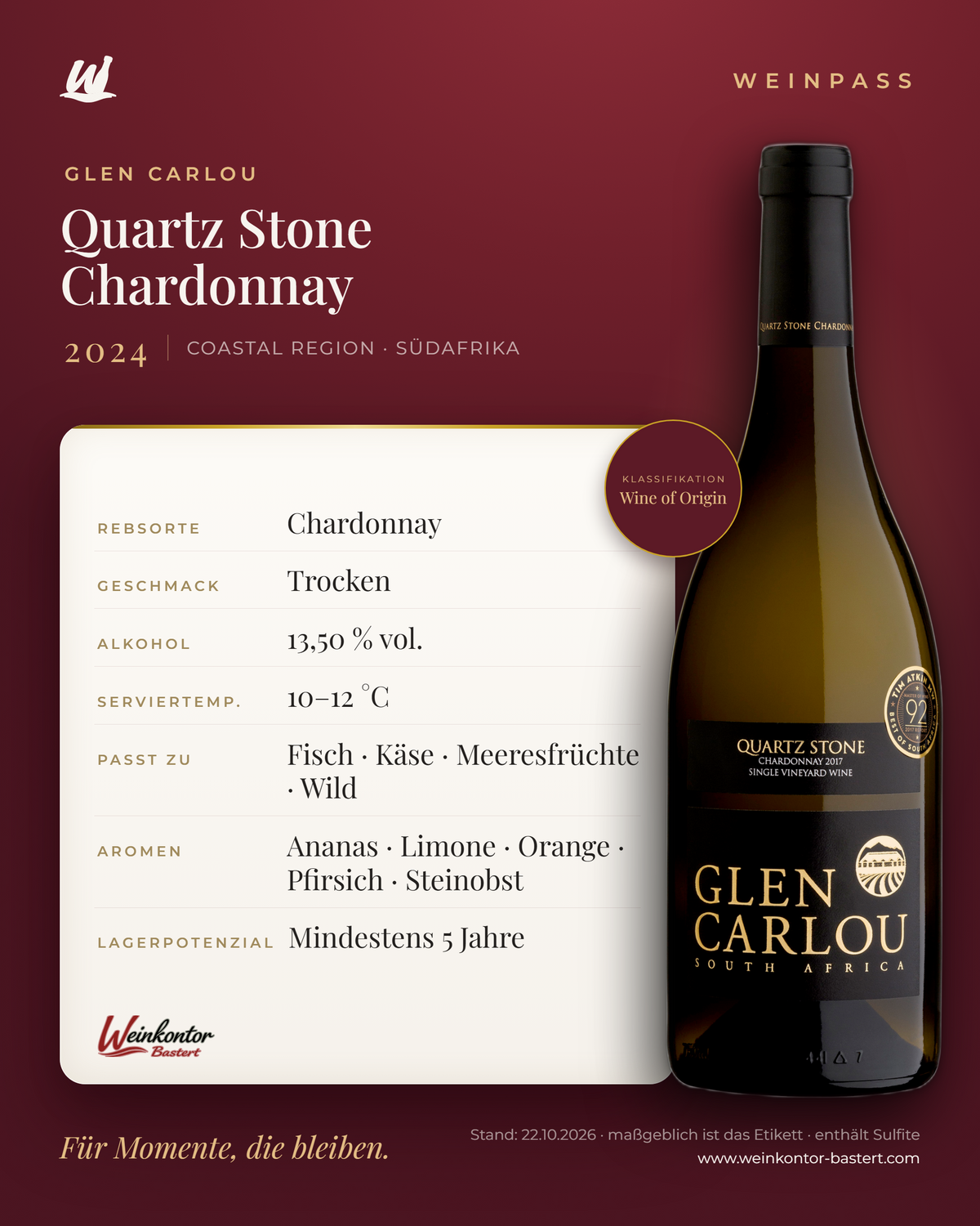 Quartz Stone Chardonnay Glen Carlou – Coastal Region – Weinpass | Weinkontor Bastert