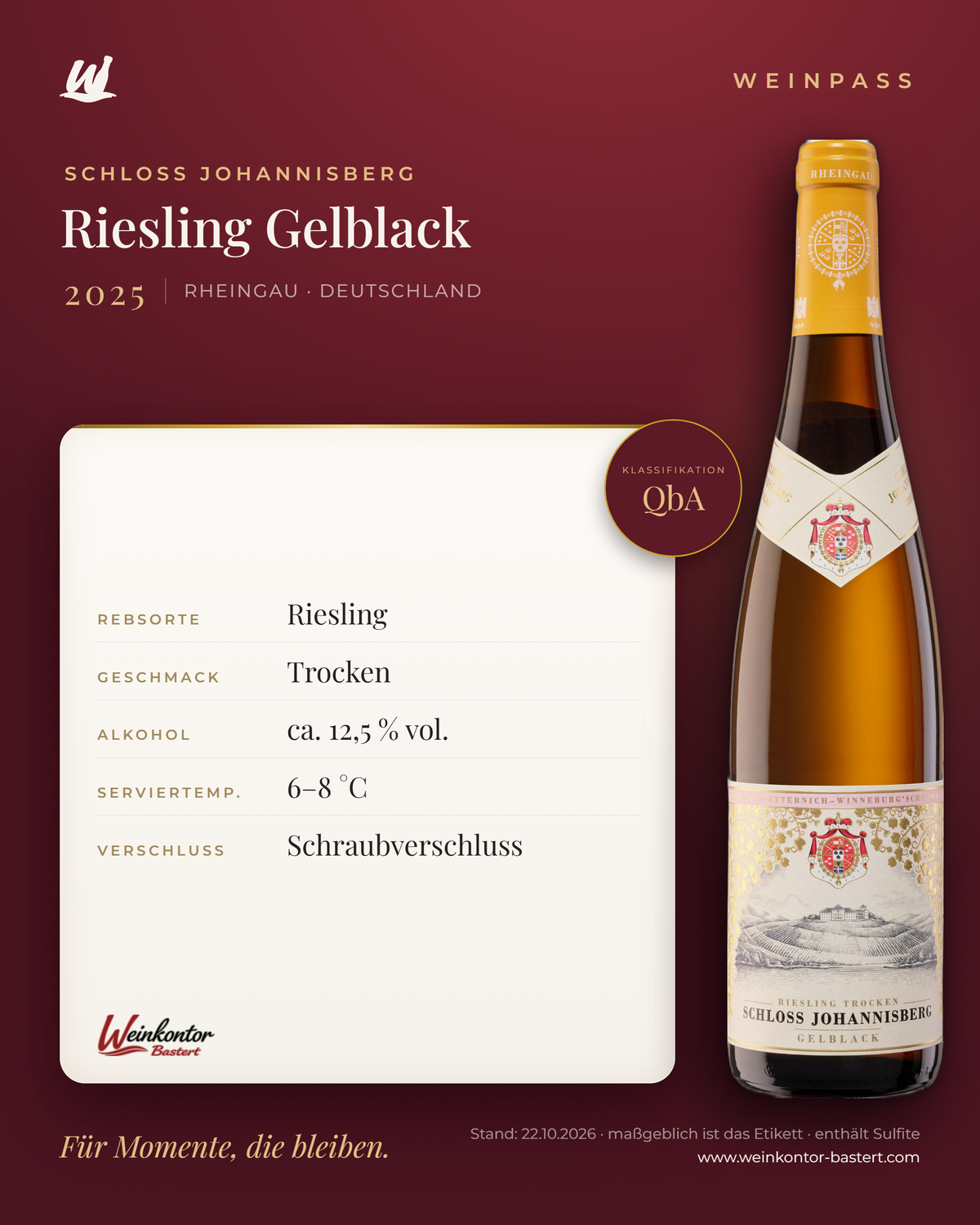 Riesling Gelblack Schloss Johannisberg QbA – Rheingau – Weinpass | Weinkontor Bastert