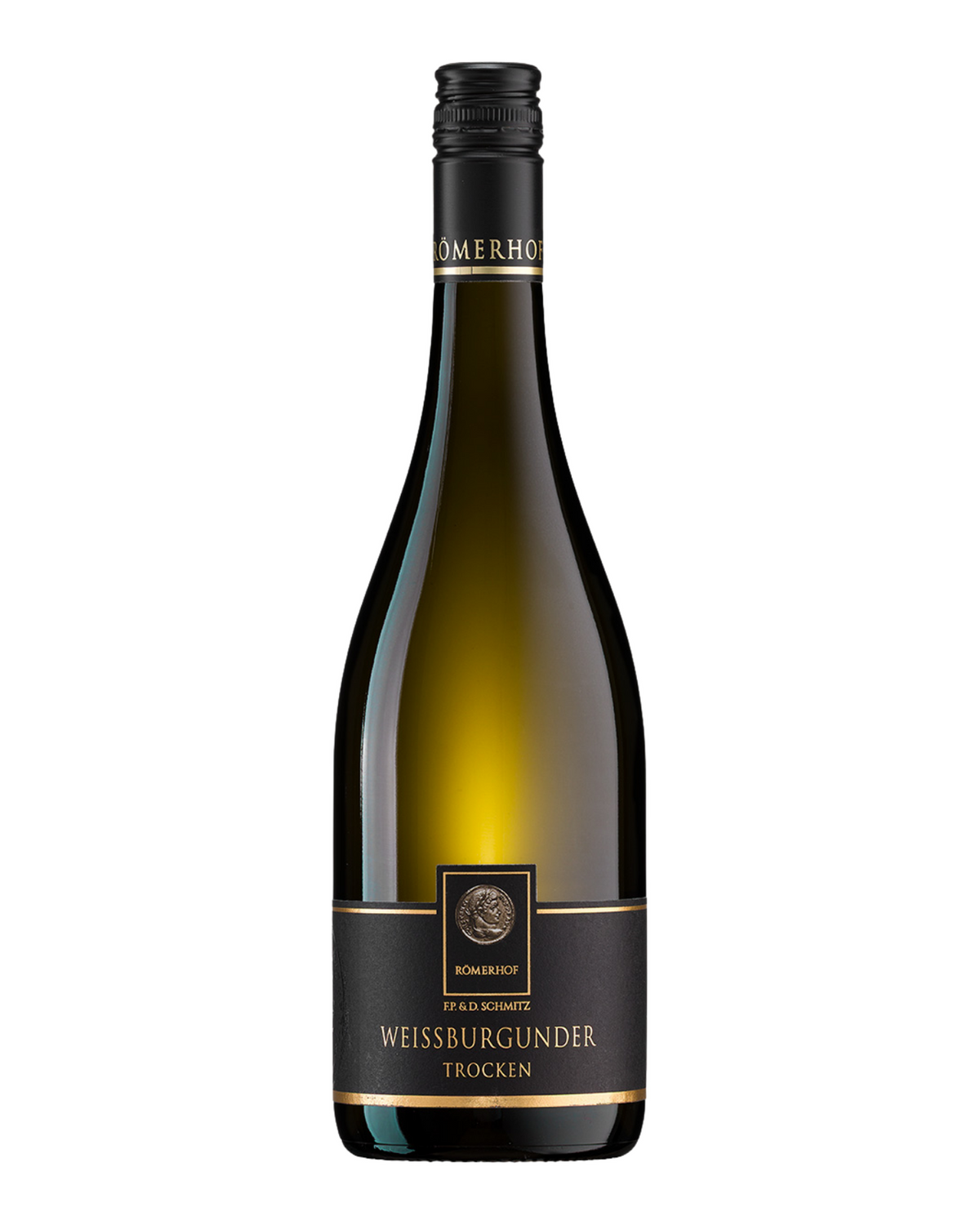 Flasche Römerhof Weißburgunder Qualitätswein trocken, Herkunft Mosel Deutschland.