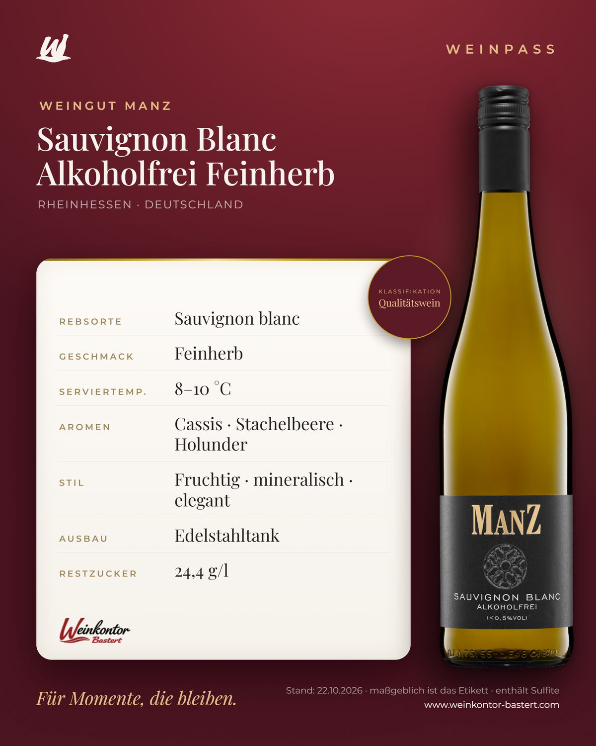 Sauvignon Blanc Alkoholfrei Feinherb Manz 6er-Karton – Rheinhessen – Weinpass | Weinkontor Bastert