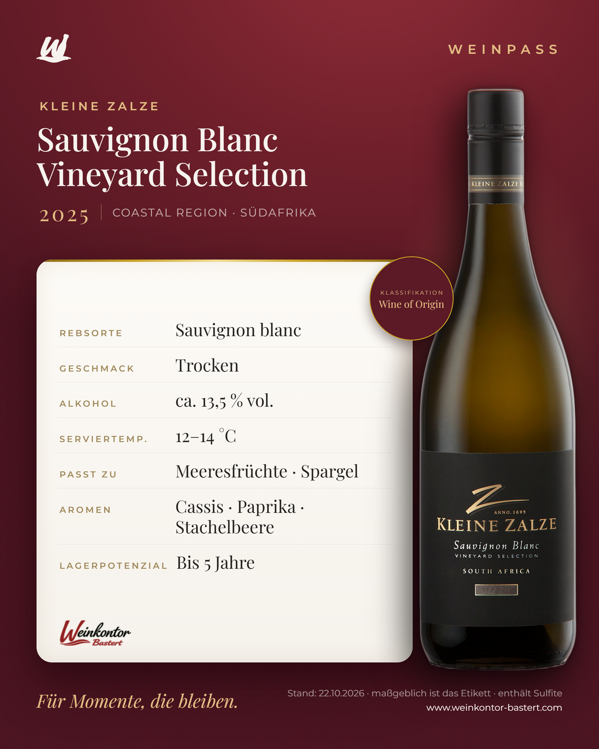 Sauvignon Blanc Vineyard Selection Kleine Zalze – Coastal Region – Weinpass | Weinkontor Bastert