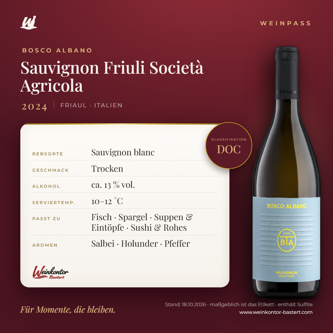 Sauvignon Friuli Società Agricola Bosco Albano DOC – Friaul – Weinpass | Weinkontor Bastert