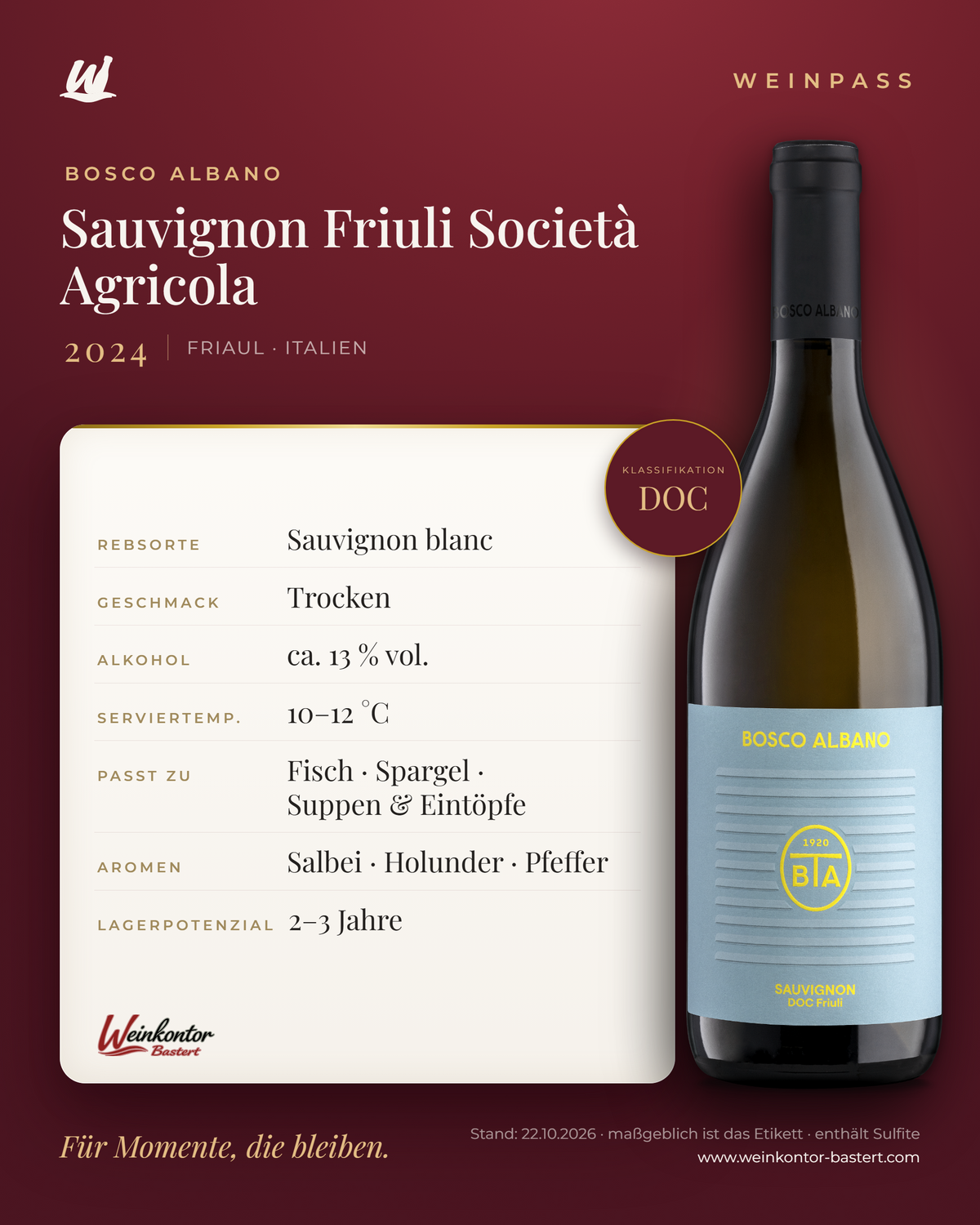 Sauvignon Friuli Società Agricola Bosco Albano DOC – Friaul – Weinpass | Weinkontor Bastert