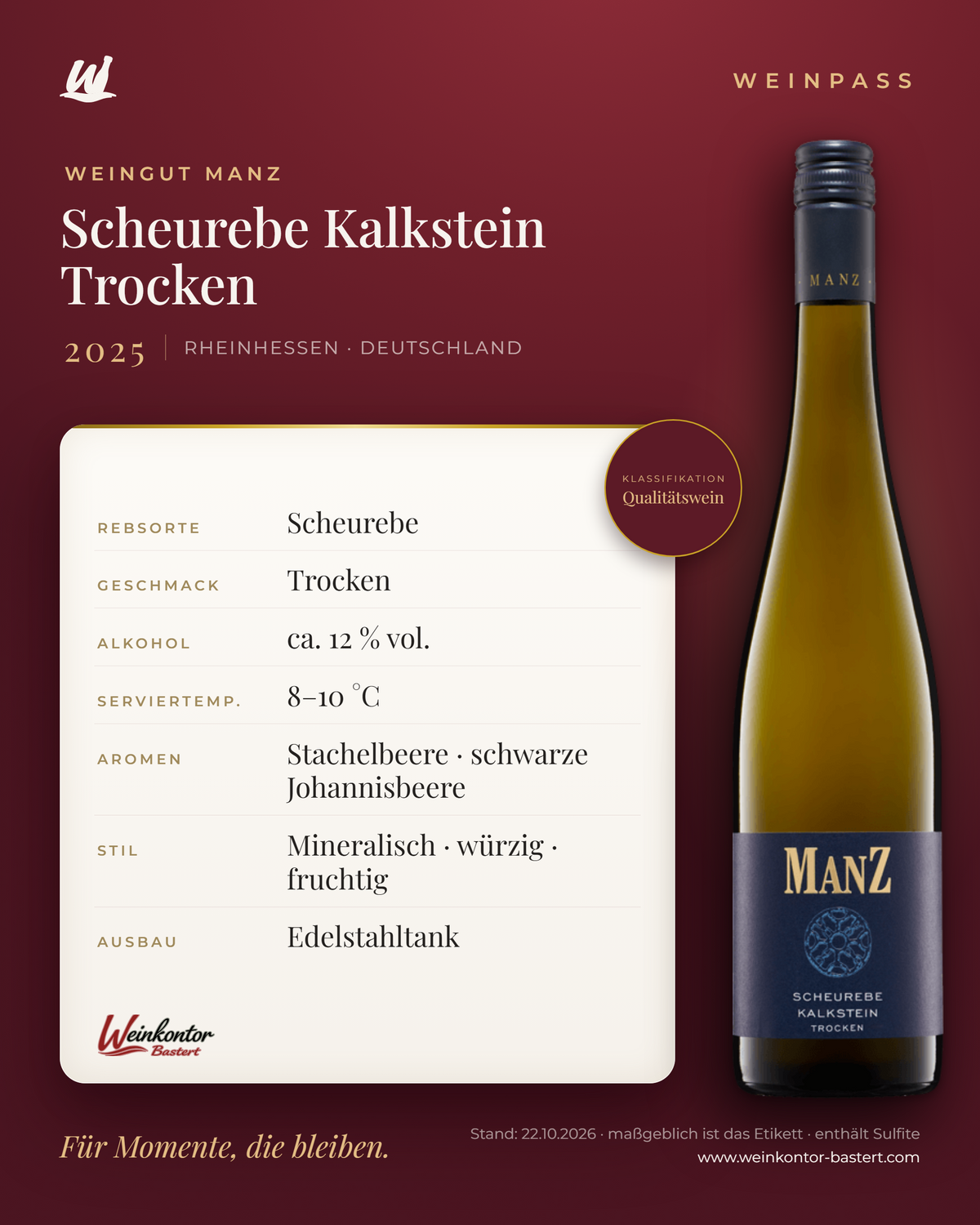 Scheurebe Kalkstein Trocken Manz 6er-Karton – Rheinhessen – Weinpass | Weinkontor Bastert