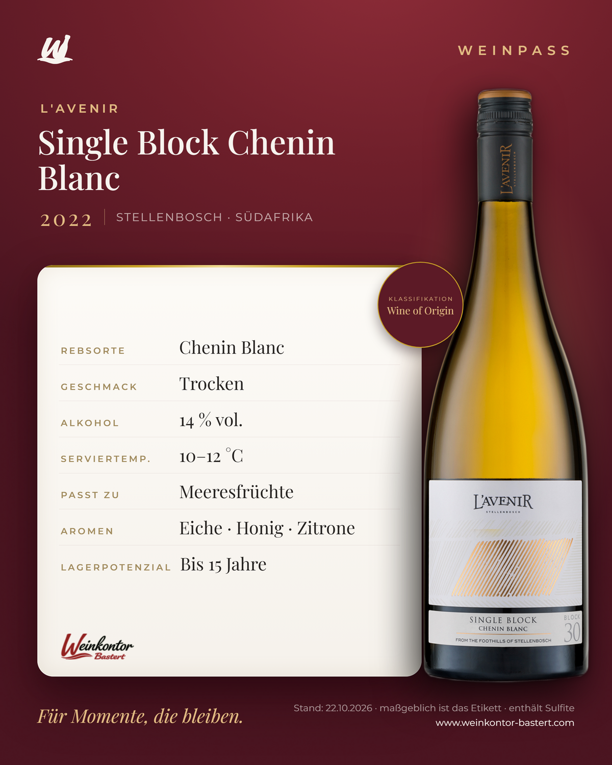 Single Block Chenin Blanc L'Avenir – Stellenbosch – Weinpass | Weinkontor Bastert