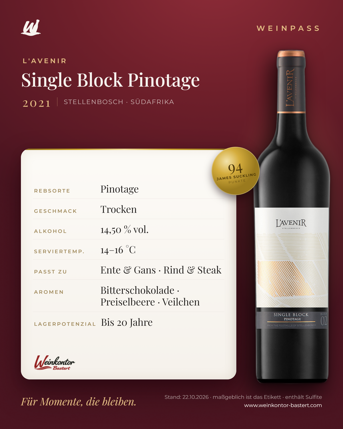 Single Block Pinotage L'Avenir – Stellenbosch – Weinpass | Weinkontor Bastert