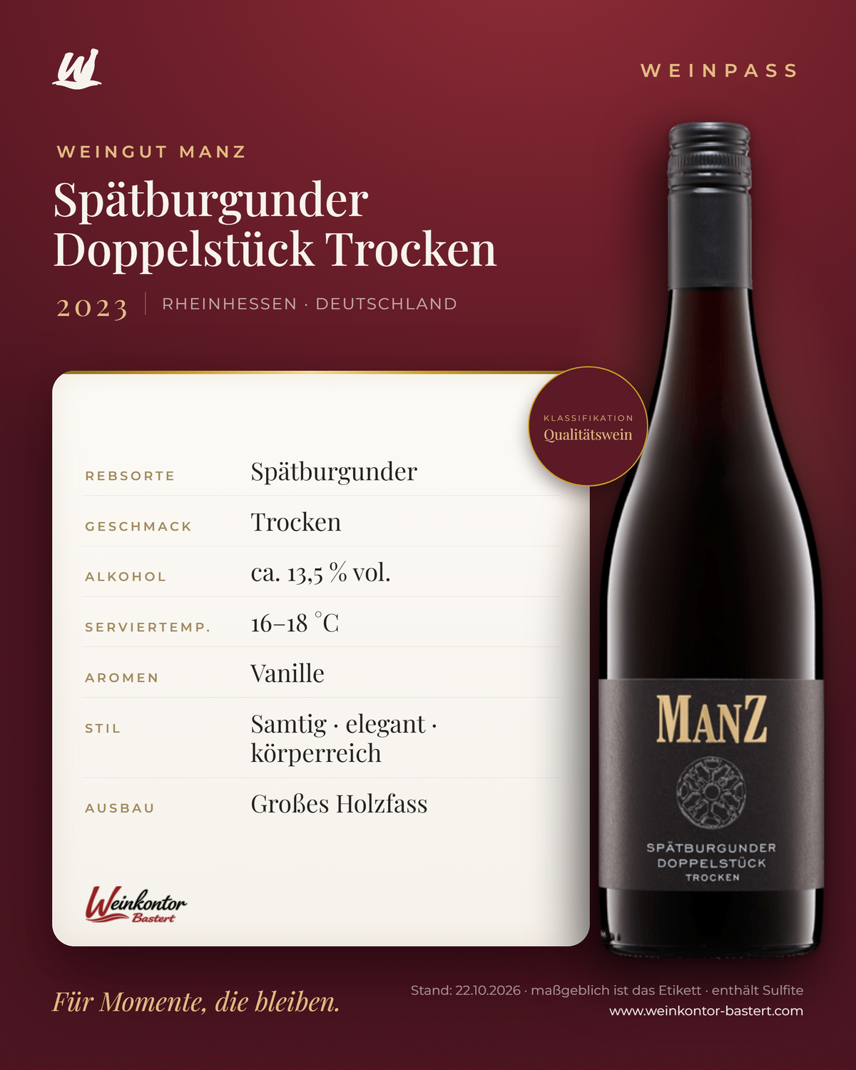 Spätburgunder Doppelstück Trocken Manz 6er-Karton – Rheinhessen – Weinpass | Weinkontor Bastert