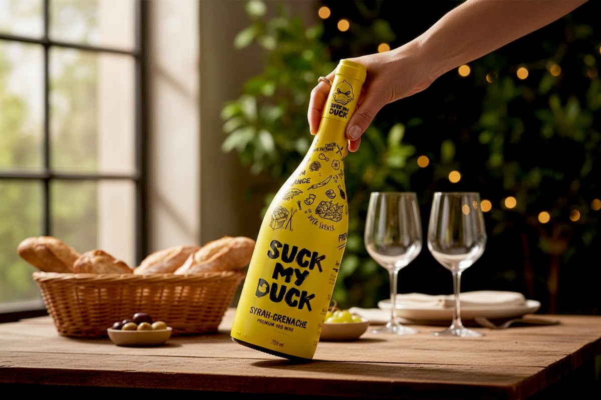 Flasche Suck my Duck Syrah Grenache mit zwei Gläsern und Brotkorb auf einem Holztisch