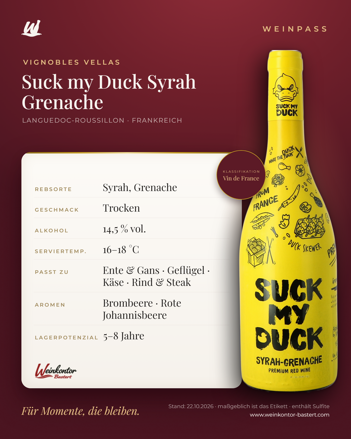 Suck my Duck Syrah Grenache Vignobles Vellas – Languedoc-Roussillon – Weinpass | Weinkontor Bastert