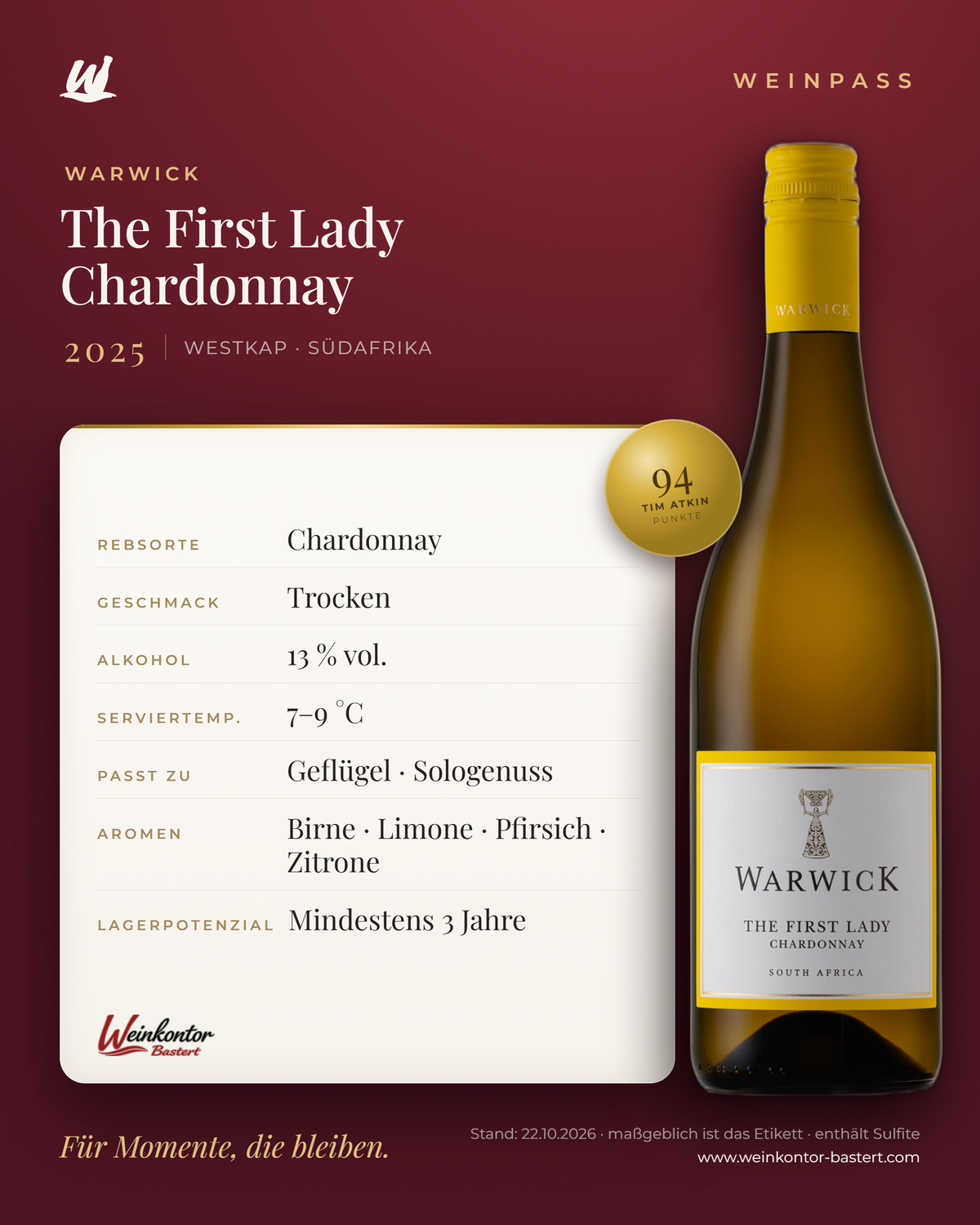 The First Lady Chardonnay Warwick – Westkap – Weinpass | Weinkontor Bastert