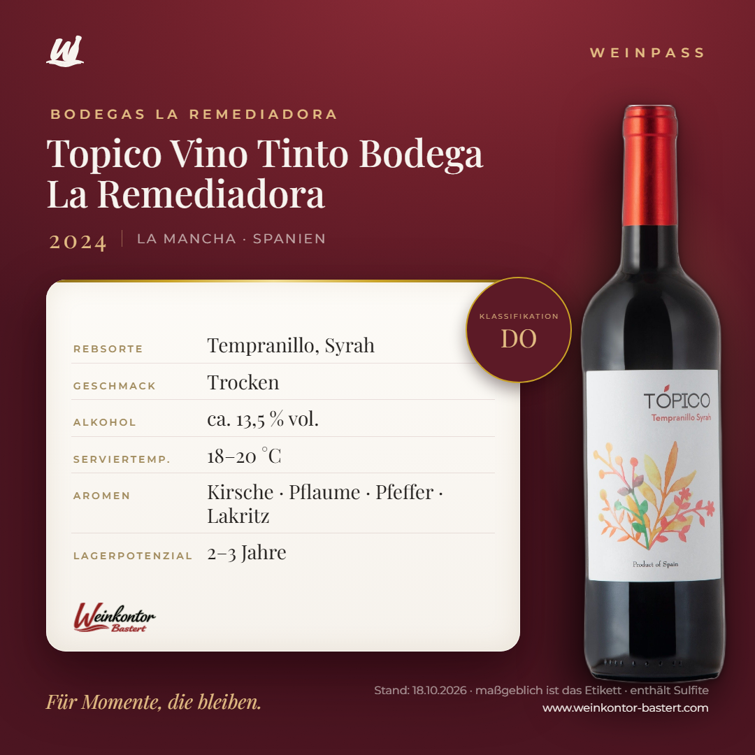 Topico Vino Tinto Bodega La Remediadora DO – La Mancha – Weinpass | Weinkontor Bastert