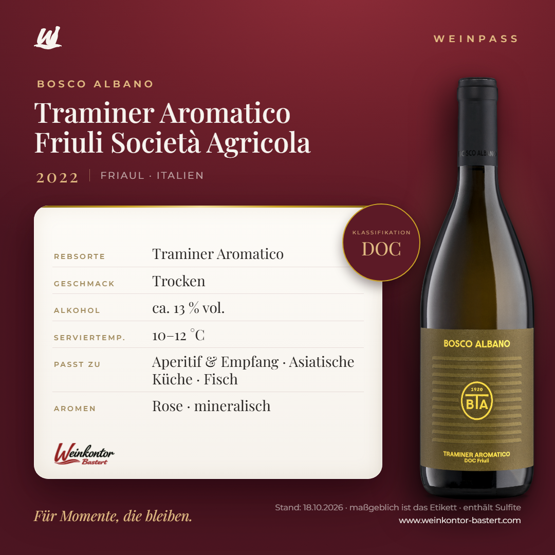 Traminer Aromatico Friuli Società Agricola Bosco Albano DOC – Friaul – Weinpass | Weinkontor Bastert
